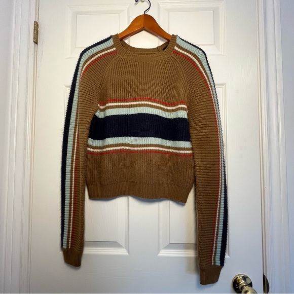 Brixton Sweaters - Brixton Tan and Navy Racing Striped Sweater Size Small
